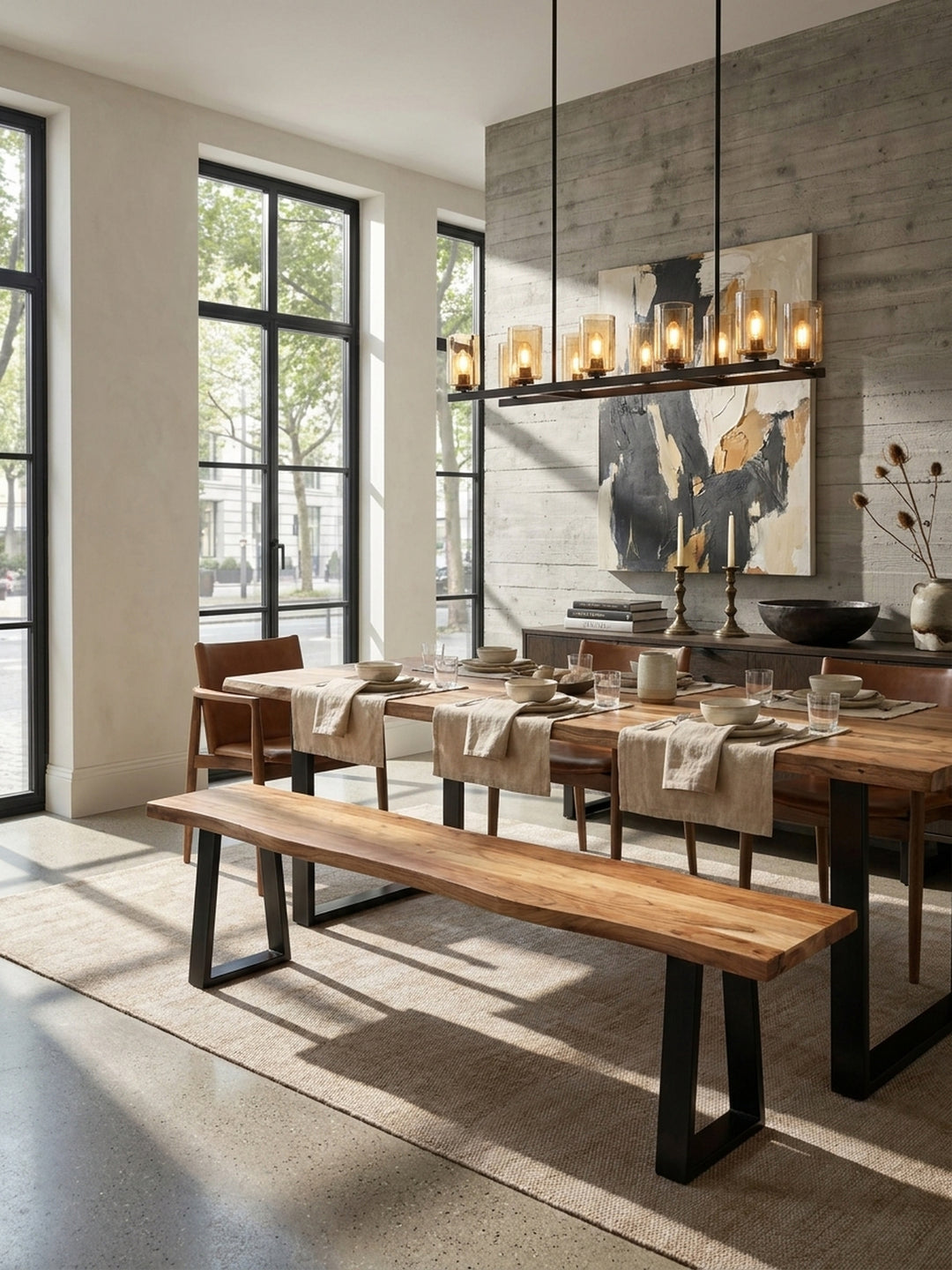 Esszimmerbank aus massivem Akazienholz mit schwarzen Metallbeinen in einem modernen Esszimmer mit Betonwand und Holztisch._