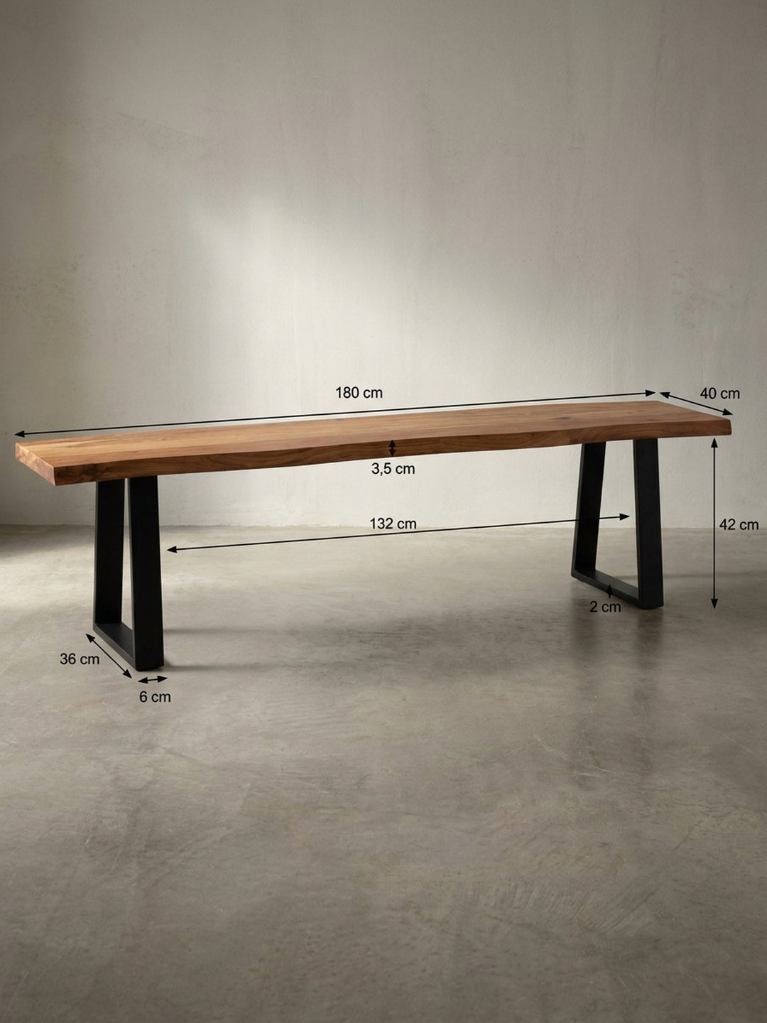 Technische Zeichnung der Esszimmerbank mit genauen Maßen: Länge 180 cm, Tiefe 40 cm, Höhe 46 cm – ideal für die Planung des Platzbedarfs im Essbereich._