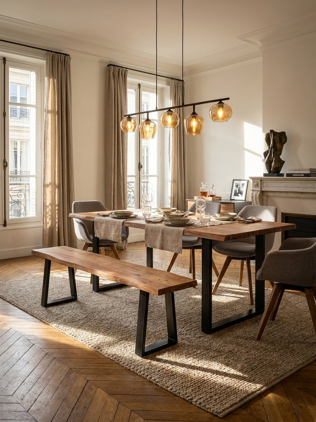Sitzbank Akazie Massivholz natur 120x40x46 cm in einladendem Esszimmer Esszimmer Einrichtung Design Möbel hochwertig modern stilvoll einrichten Wohnen Interior Zuhause Wohnzimmer elegant_