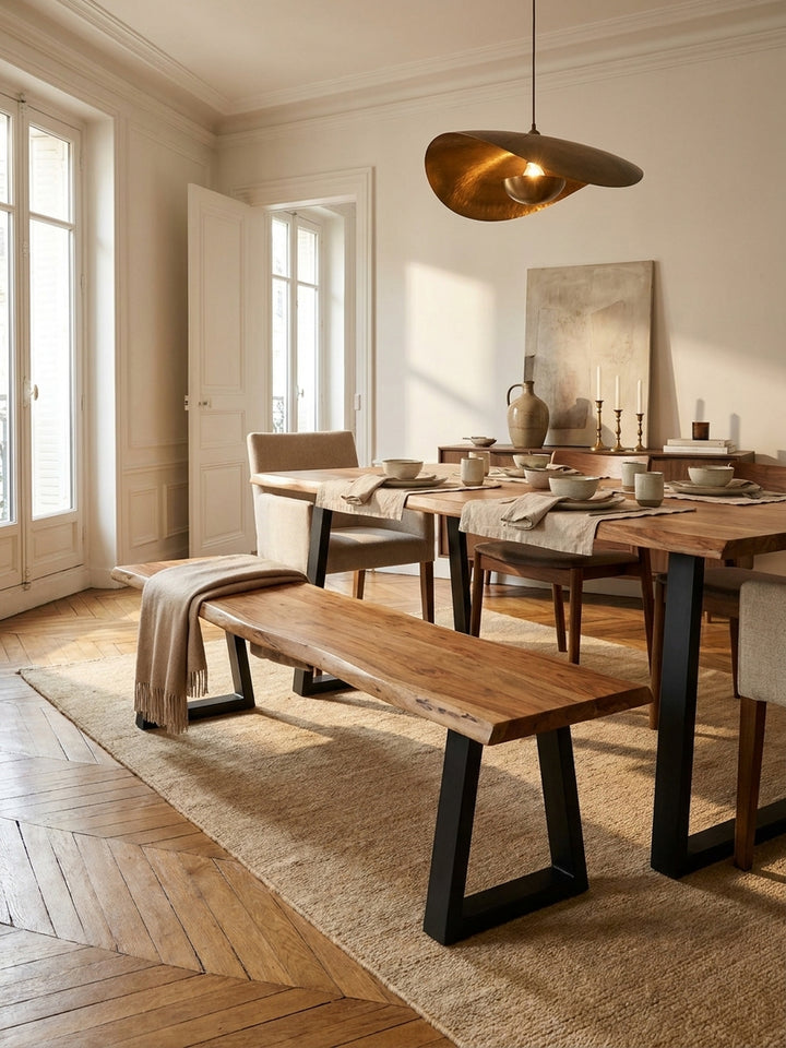 Sitzbank Akazie Massivholz natur 120x40x46 cm kombiniert mit passenden Möbeln Esszimmer Einrichtungsidee Möbelensemble harmonisch Wohnen Interior Zuhause Design Wohnzimmer modern hochwertig_