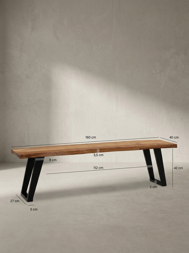 Technische Zeichnung der Holzbank mit allen relevanten Maßen: Länge 160 cm, Tiefe ca. 40 cm und Höhe 45,5 cm, ideal zur Raumplanung des Essbereichs._