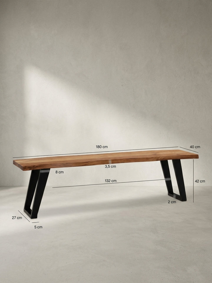 Technische Skizze der Esszimmerbank mit exakten Maßen: Länge 180 cm, Tiefe ca. 40 cm, Höhe 45,5 cm, für eine präzise Raumplanung im Essbereich._