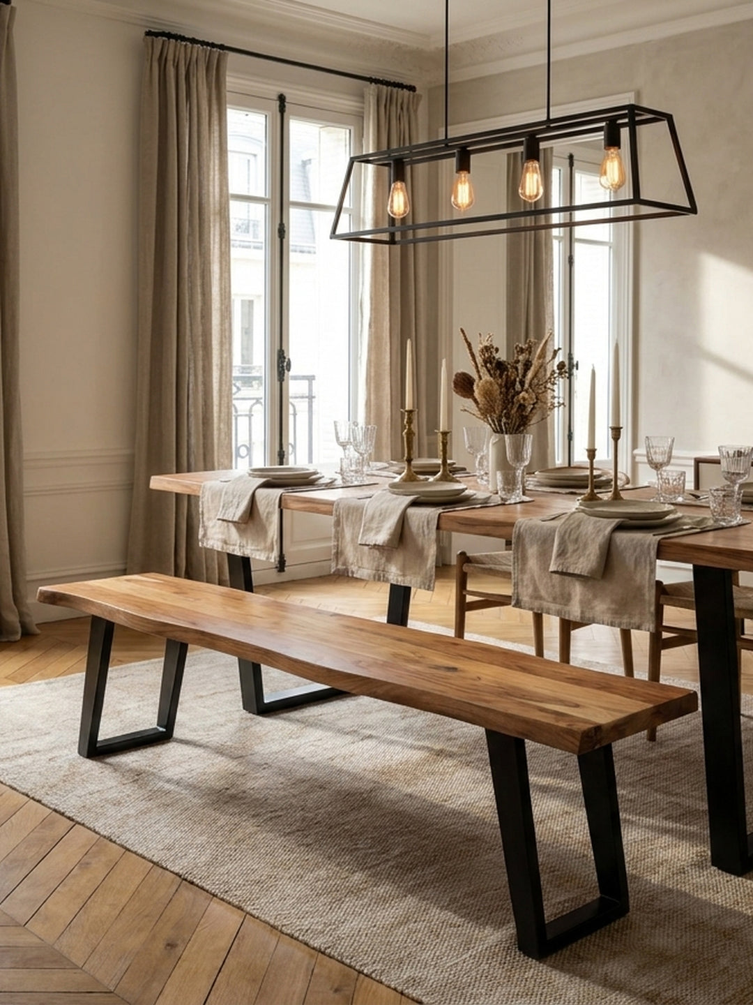 Von oben fotografierte Essgruppe mit einer 180 cm langen Holzbank aus Akazie, platziert auf einem beigen Wollteppich in einem modernen, klassisch eingerichteten Esszimmer._