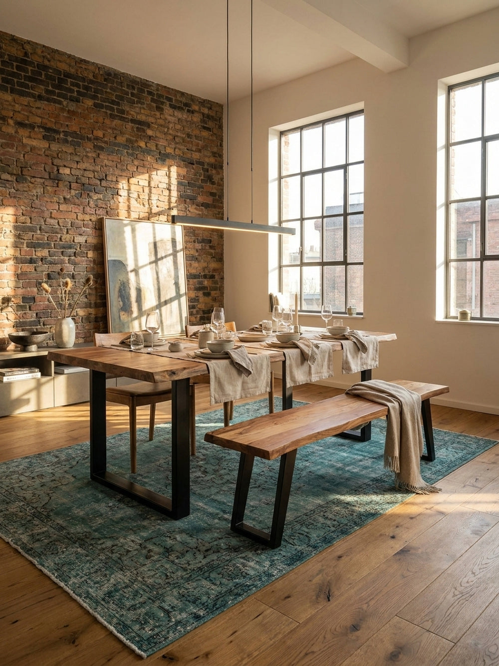 Esszimmerbank aus Akazie Massivholz mit Baumkante in einem industriellen Loft-Esszimmer mit Backsteinwand und Holzboden, elegant und modern eingerichtet._