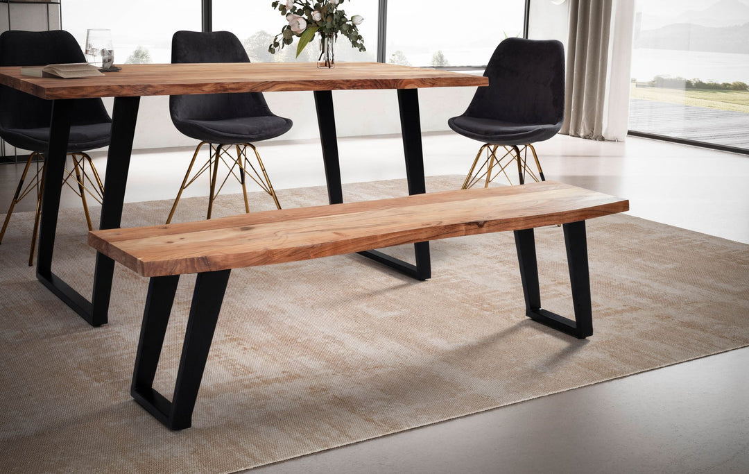 Esszimmerbank 120x40x45-5 cm Massivholz / Metall mit Baumkante - Esstischbank Modern - Holzbank Massiv ohne Lehne - Küchenbank Essbank mit U-Beinen - Sitzbank Esszimmer Klein_