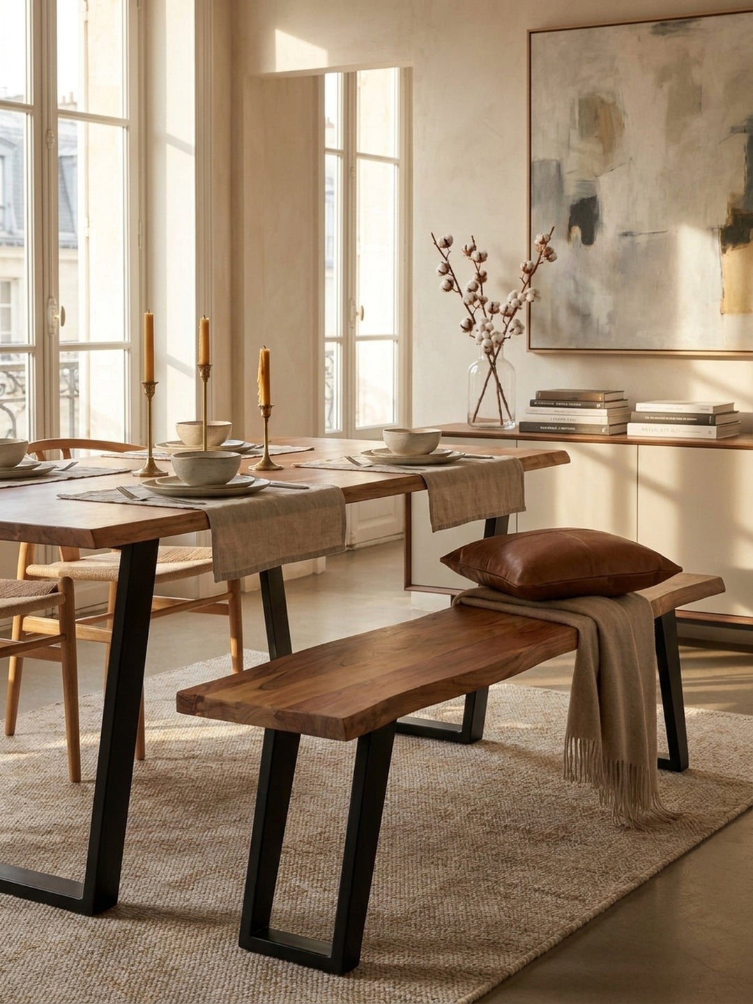 Nahaufnahme der Esszimmerbank aus Akazie, auf der ein Stapel Leineneinbände und eine Keramikschale als Dekoration im modernen Landhausstil arrangiert sind._