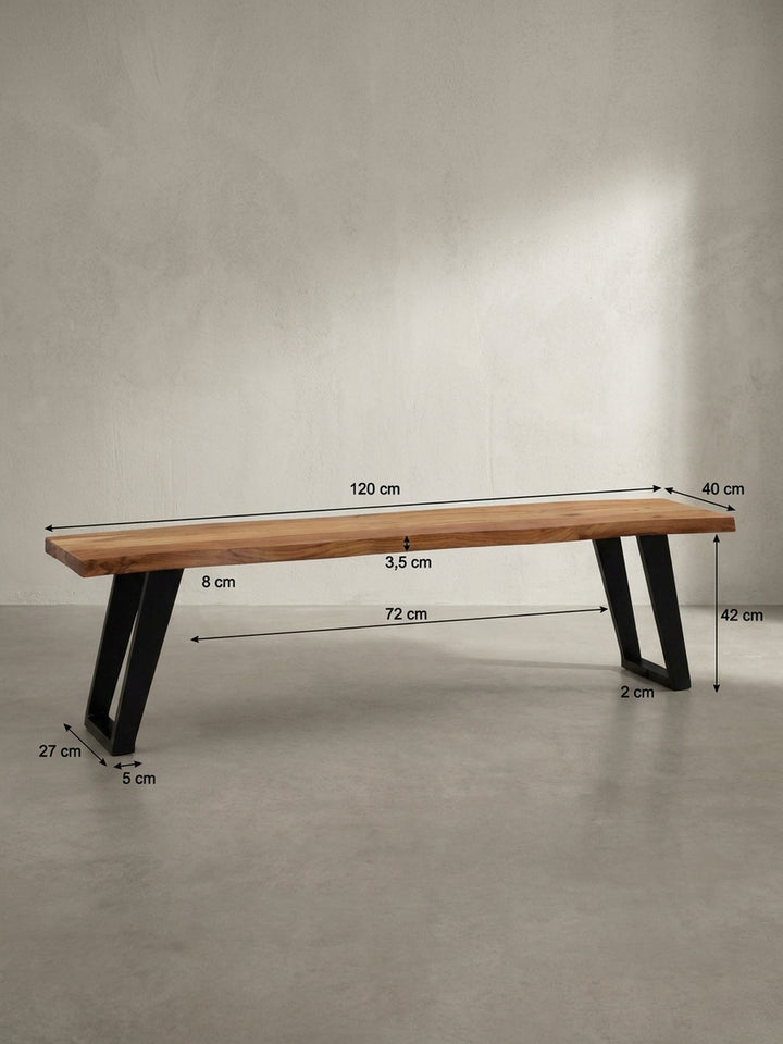 Technische Zeichnung der Holzbank mit exakten Maßen: Länge 120 cm, Tiefe ca. 40 cm und Höhe 45,5 cm, ideal für die Raumplanung des Essbereichs._
