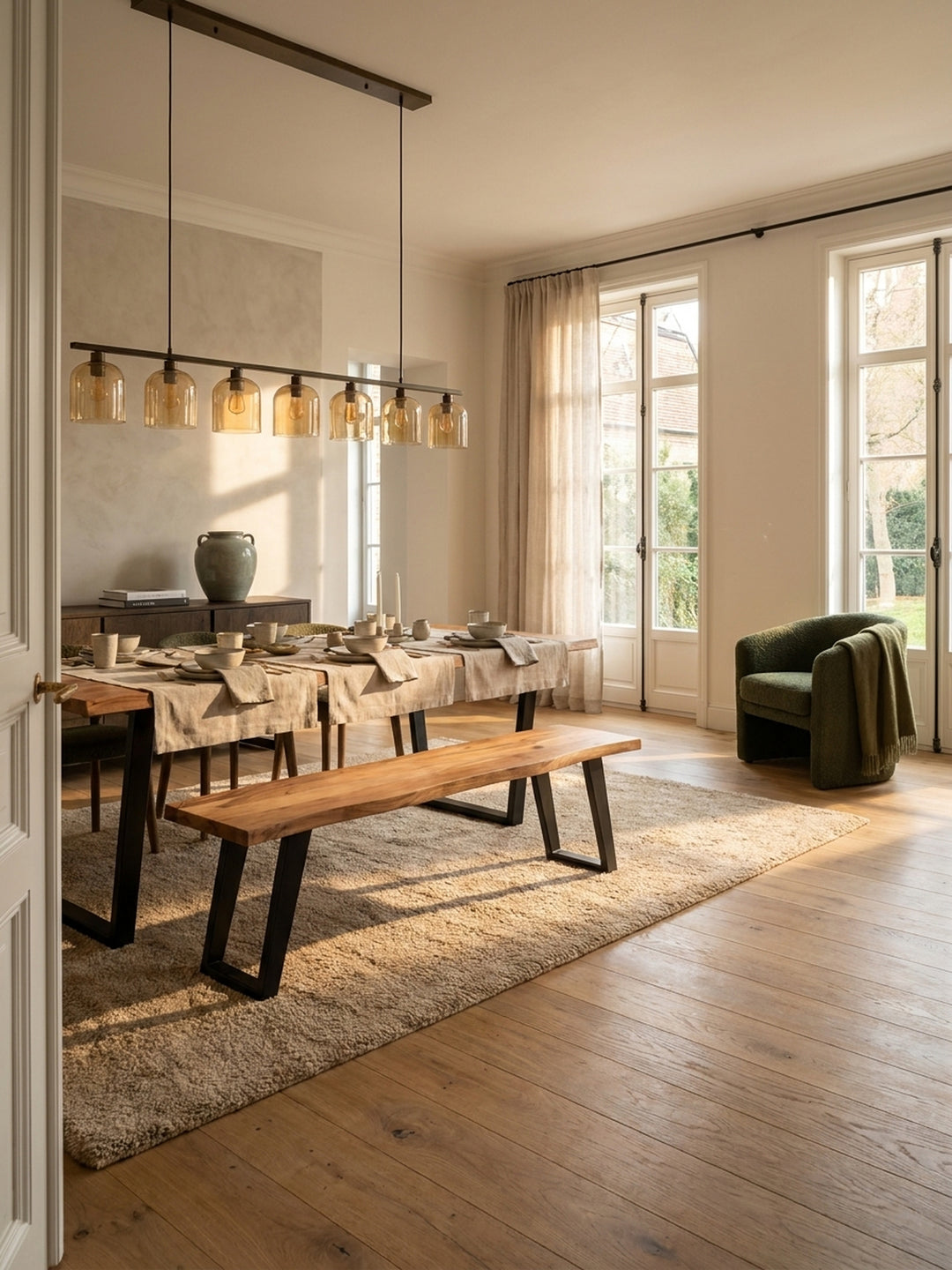 Eine Esszimmerbank aus massivem Akazienholz mit Baumkante in einem lichtdurchfluteten Essbereich mit Holztisch und schwarzen Stühlen auf einem beigen Teppich._