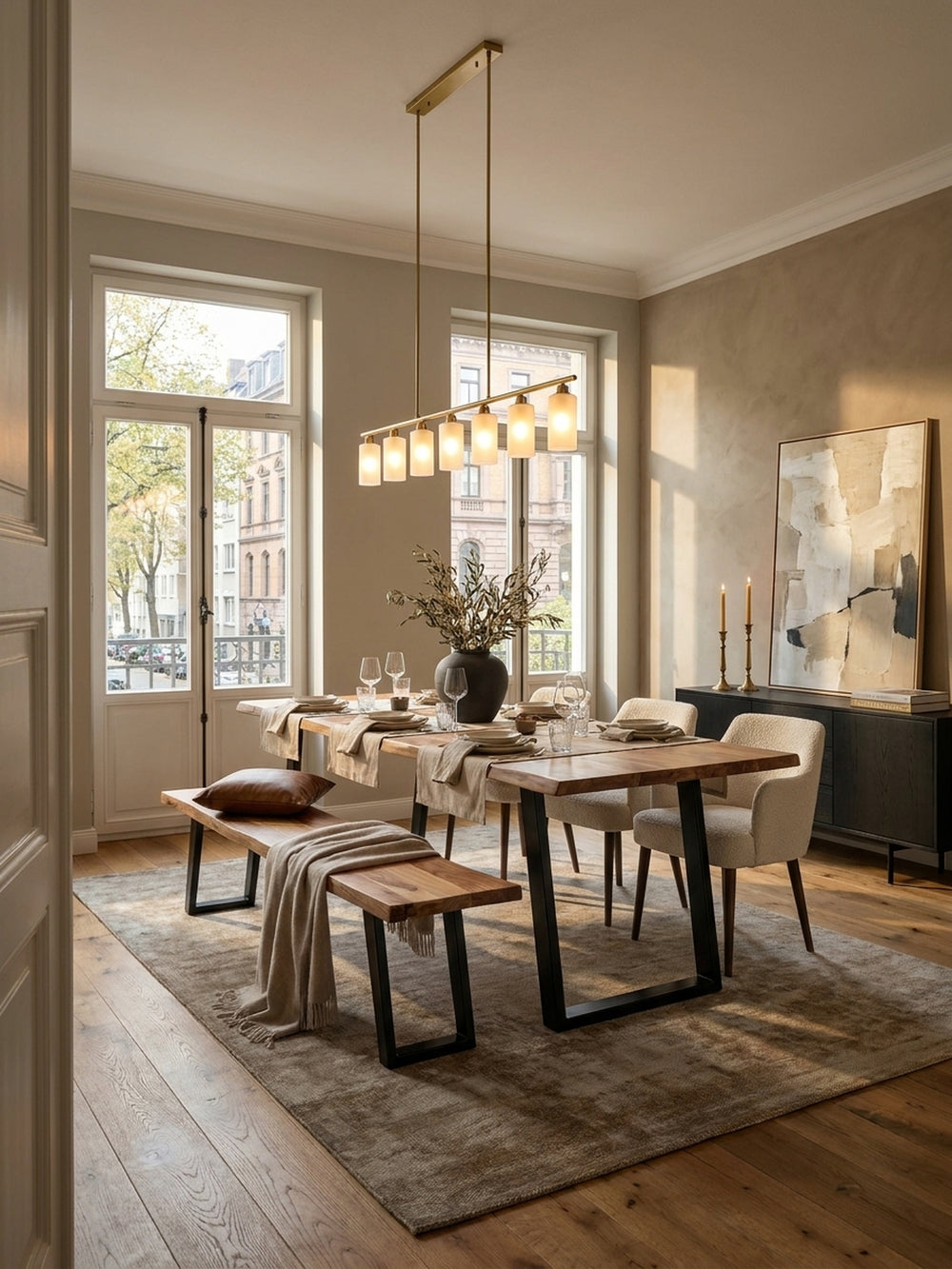 Moderne Esszimmerbank aus massivem Akazienholz mit Baumkante, platziert auf einem Design-Teppich in einem lichtdurchfluteten Esszimmer mit Holztisch._