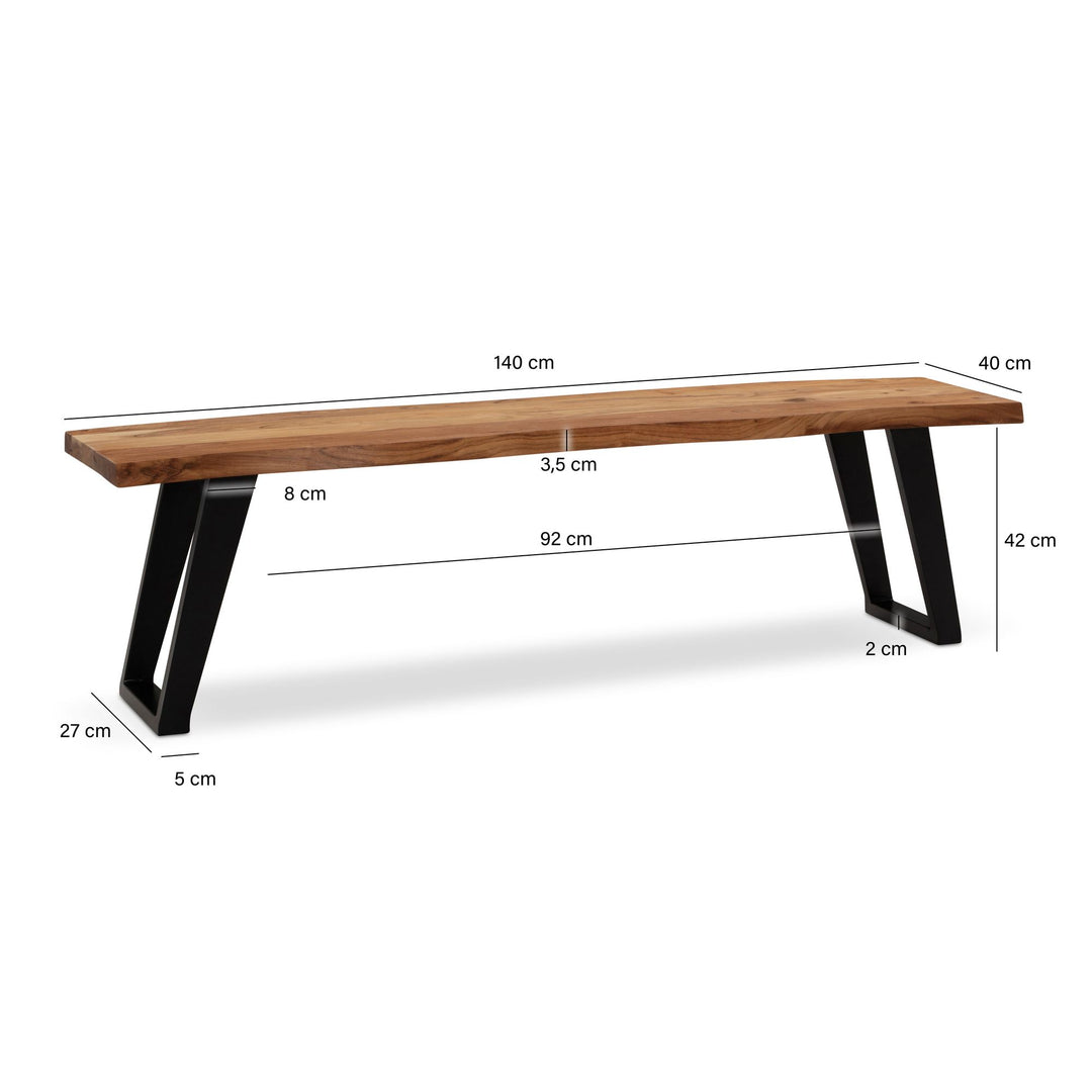 Esszimmerbank 120x40x45-5 cm Massivholz / Metall mit Baumkante - Esstischbank Modern - Holzbank Massiv ohne Lehne - Küchenbank Essbank mit U-Beinen - Sitzbank Esszimmer Klein_
