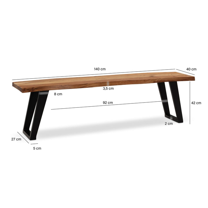 Esszimmerbank 120x40x45-5 cm Massivholz / Metall mit Baumkante - Esstischbank Modern - Holzbank Massiv ohne Lehne - Küchenbank Essbank mit U-Beinen - Sitzbank Esszimmer Klein_