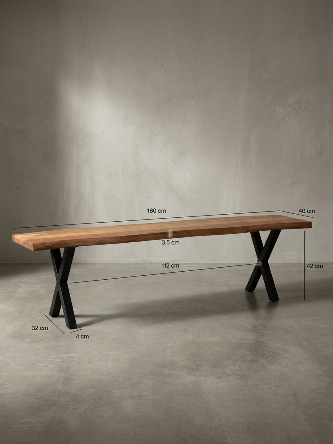Technische Zeichnung der Esszimmerbank mit exakten Maßen: Länge 160 cm, Tiefe ca. 40 cm und Höhe 45,5 cm, zur perfekten Planung des Essbereichs._