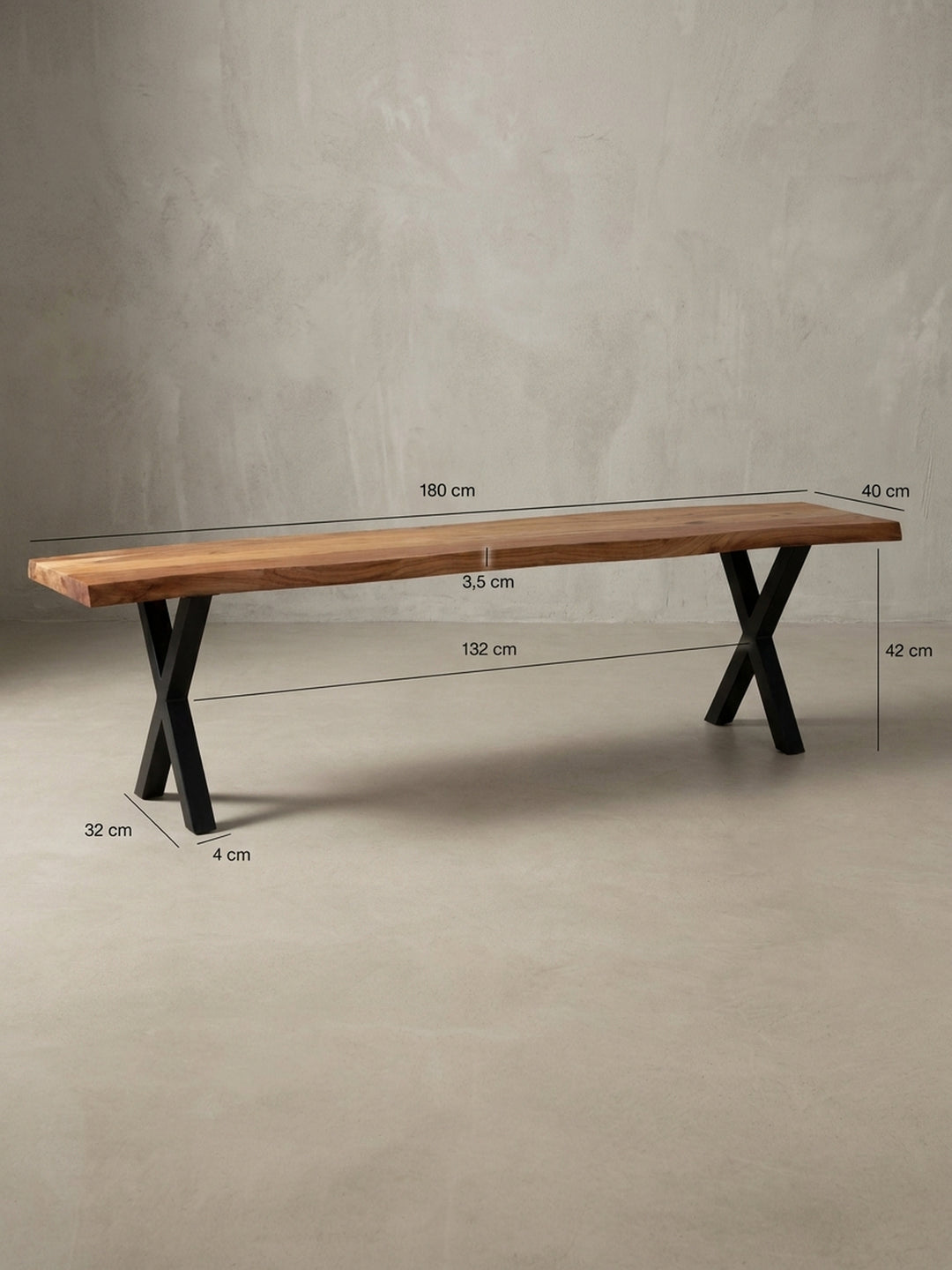 Technische Zeichnung mit den genauen Maßen der Esszimmerbank: 180 cm Länge, 40 cm Tiefe und 45,5 cm Höhe, ideal für die Raumplanung._