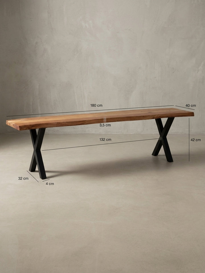 Technische Zeichnung mit den genauen Maßen der Esszimmerbank: 180 cm Länge, 40 cm Tiefe und 45,5 cm Höhe, ideal für die Raumplanung._