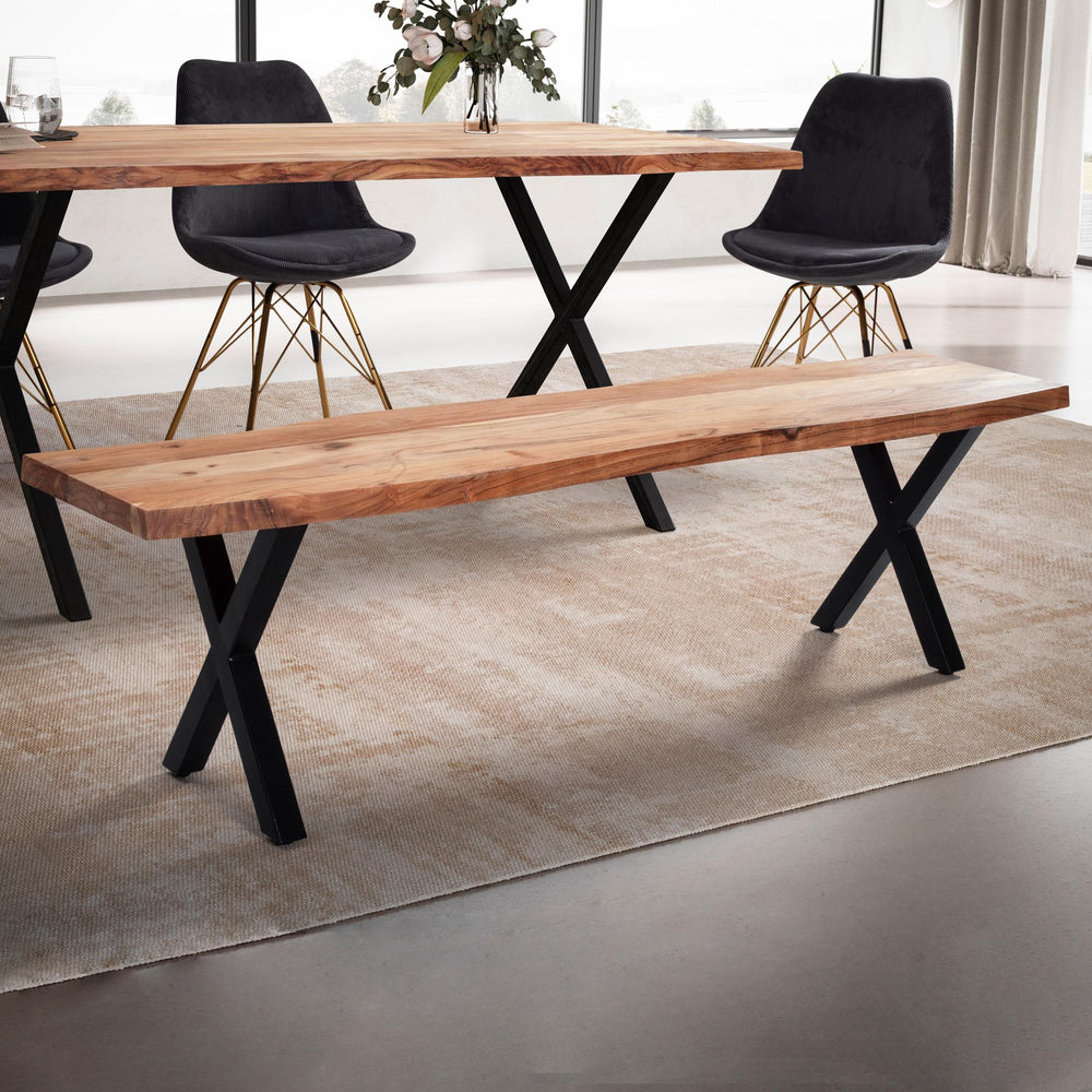 Esszimmerbank Massivholz / Metall mit Baumkante - Esstischbank Modern - Holzbank Massiv ohne Lehne - Küchenbank Essbank mit X-Beinen - Sitzbank Esszimmer Klein_
