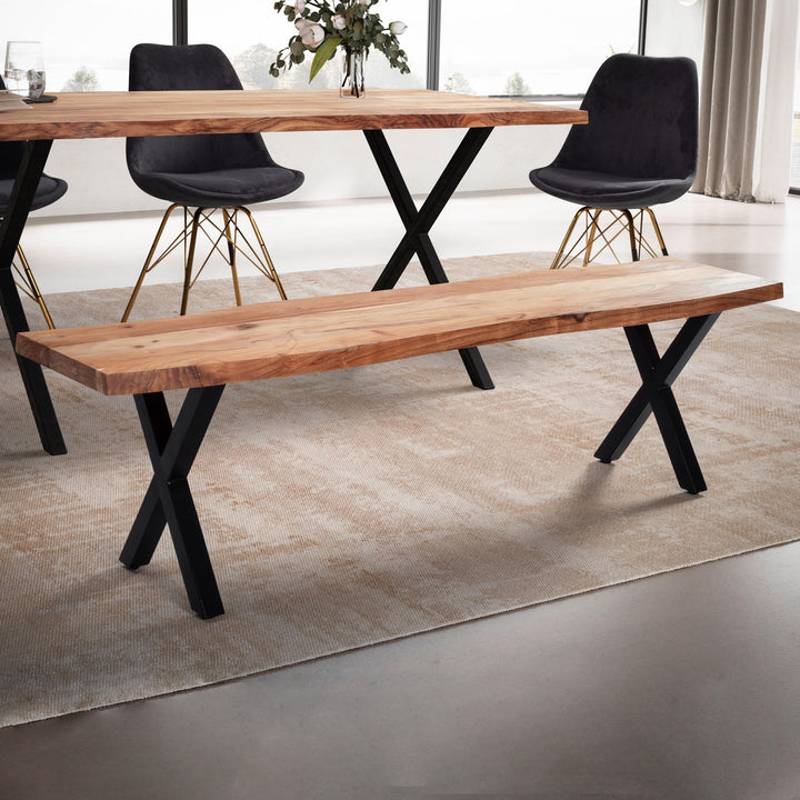 Esszimmerbank Massivholz / Metall mit Baumkante - Esstischbank Modern - Holzbank Massiv ohne Lehne - Küchenbank Essbank mit X-Beinen - Sitzbank Esszimmer Klein_