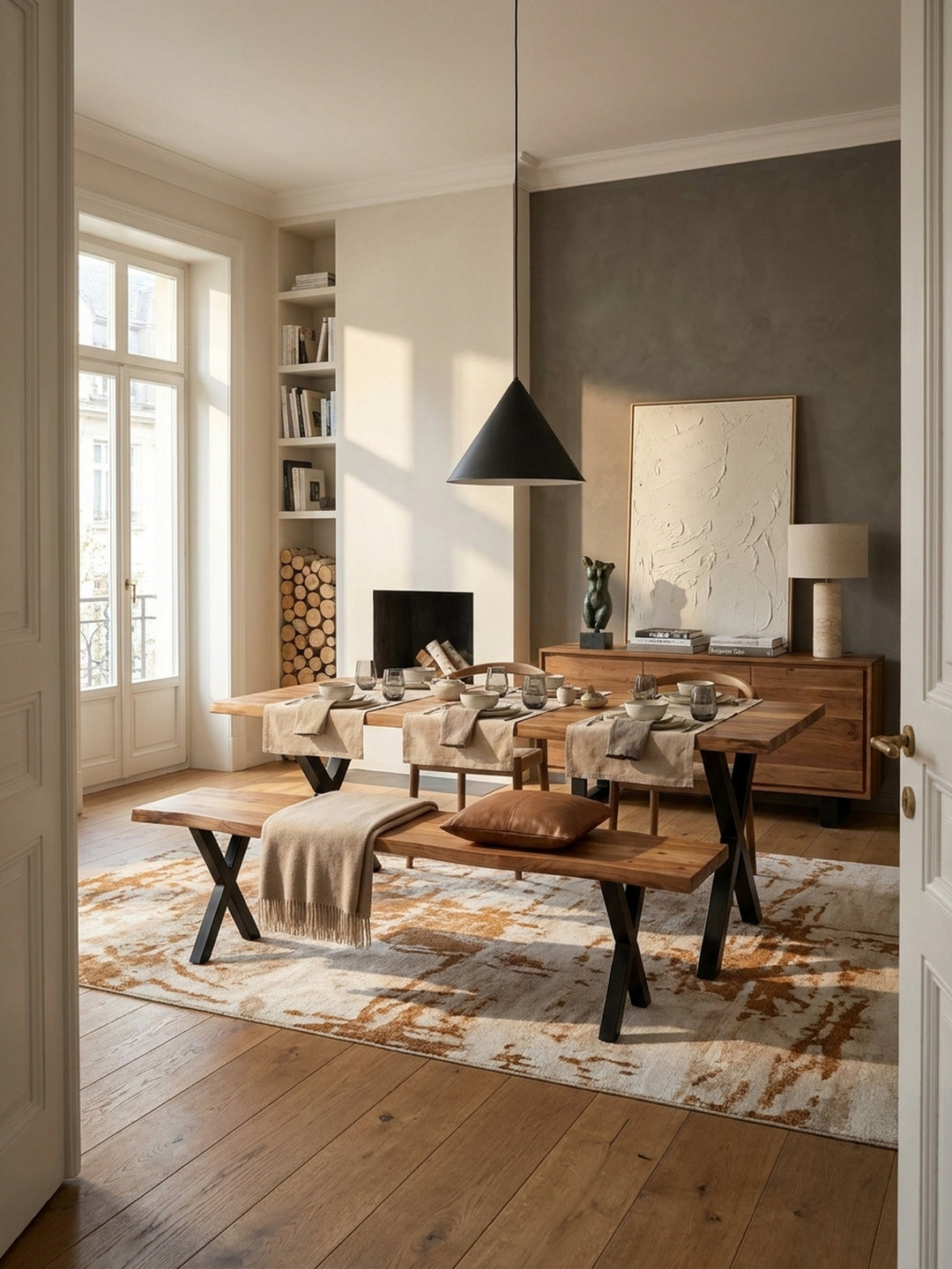 Große Esszimmerbank aus massivem Akazienholz mit schwarzen X-Beinen stilvoll an einem Holztisch in einem modern eingerichteten, hellen Esszimmer._
