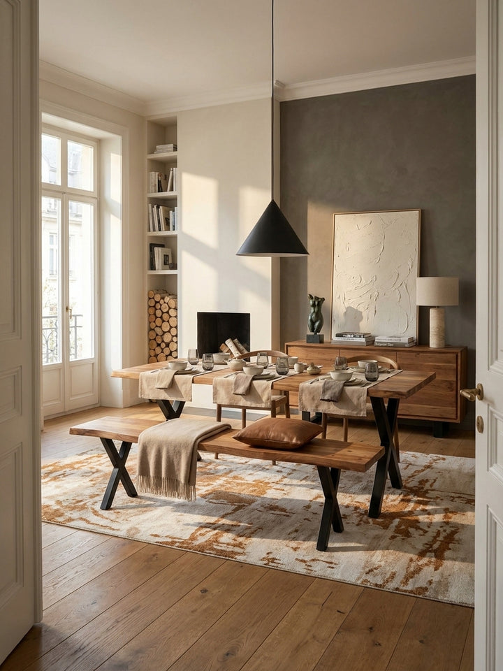 Große Esszimmerbank aus massivem Akazienholz mit schwarzen X-Beinen stilvoll an einem Holztisch in einem modern eingerichteten, hellen Esszimmer._