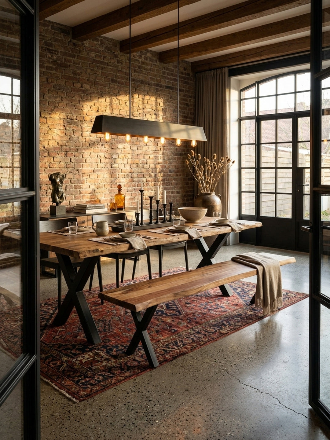 Moderne Esszimmerbank aus Akazie Massivholz mit Baumkante und schwarzen X-Beinen, stimmungsvoll in einem Industrial-Loft-Esszimmer arrangiert._