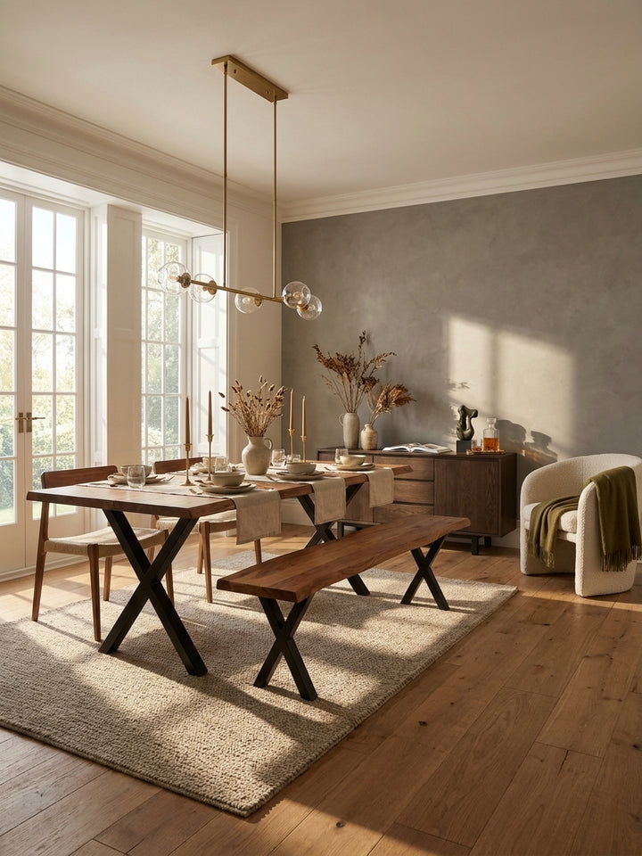 Massive Esszimmerbank aus Akazienholz mit Baumkante in einem hellen, modernen Esszimmer, kombiniert mit einem passenden Esstisch auf einem beigen Wollteppich._
