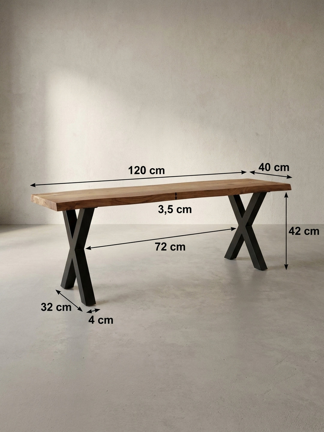 Technische Zeichnung der Sitzbank mit genauen Maßen: Länge 120 cm, Tiefe 40 cm und Höhe 45,5 cm zur perfekten Raumplanung._