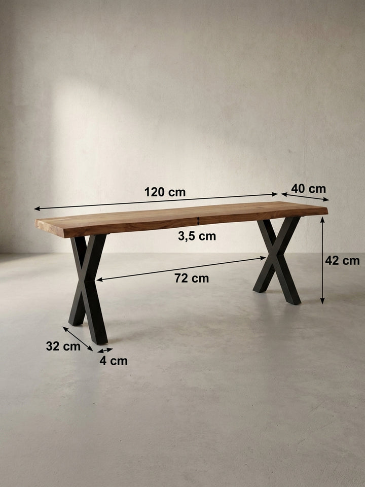 Technische Zeichnung der Sitzbank mit genauen Maßen: Länge 120 cm, Tiefe 40 cm und Höhe 45,5 cm zur perfekten Raumplanung._