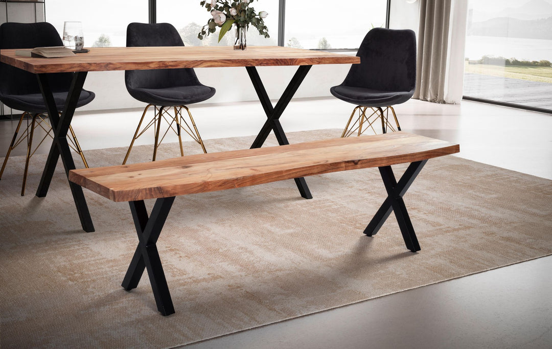 Esszimmerbank Massivholz / Metall mit Baumkante - Esstischbank Modern - Holzbank Massiv ohne Lehne - Küchenbank Essbank mit X-Beinen - Sitzbank Esszimmer Klein_