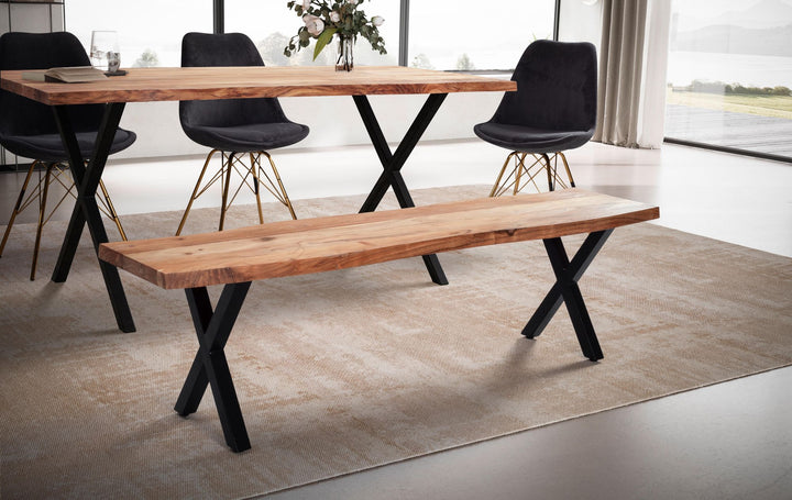 Esszimmerbank Massivholz / Metall mit Baumkante - Esstischbank Modern - Holzbank Massiv ohne Lehne - Küchenbank Essbank mit X-Beinen - Sitzbank Esszimmer Klein_