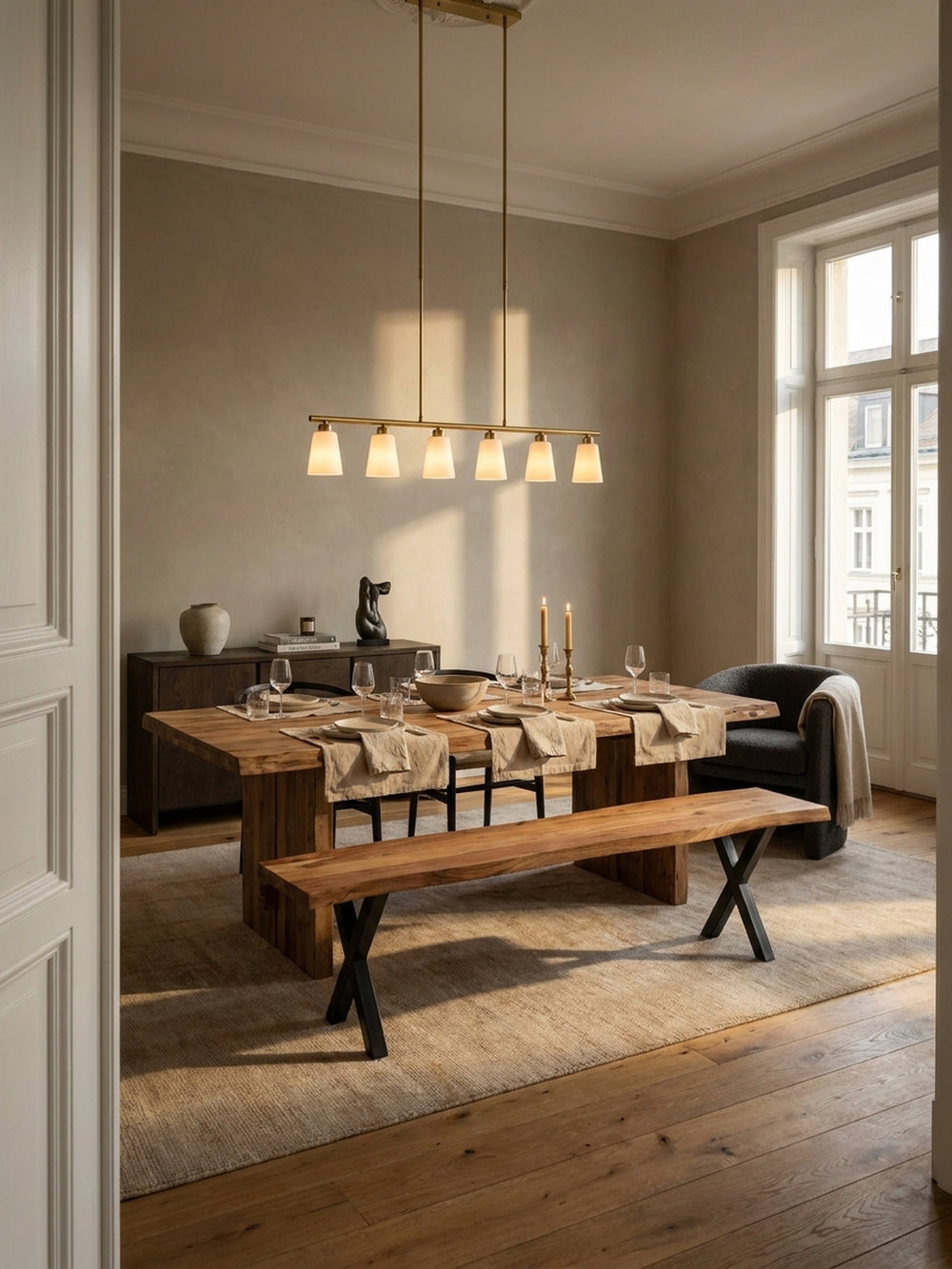 Esszimmerbank aus massivem Akazienholz mit schwarzen X-Beinen in einem hellen, modernen Esszimmer auf einem beigen Wollteppich platziert._