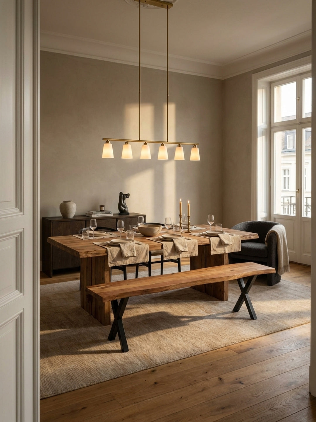Esszimmerbank aus massivem Akazienholz mit schwarzen X-Beinen in einem hellen, modernen Esszimmer auf einem beigen Wollteppich platziert._