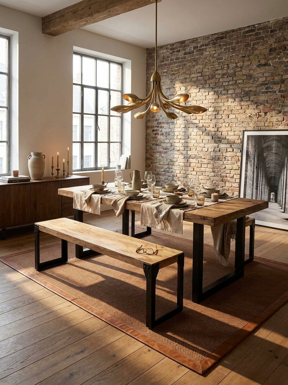Esszimmerbank aus massivem Akazienholz mit schwarzen Metallbeinen in einem Industrial-Loft-Esszimmer mit Backsteinwand und Holzboden._