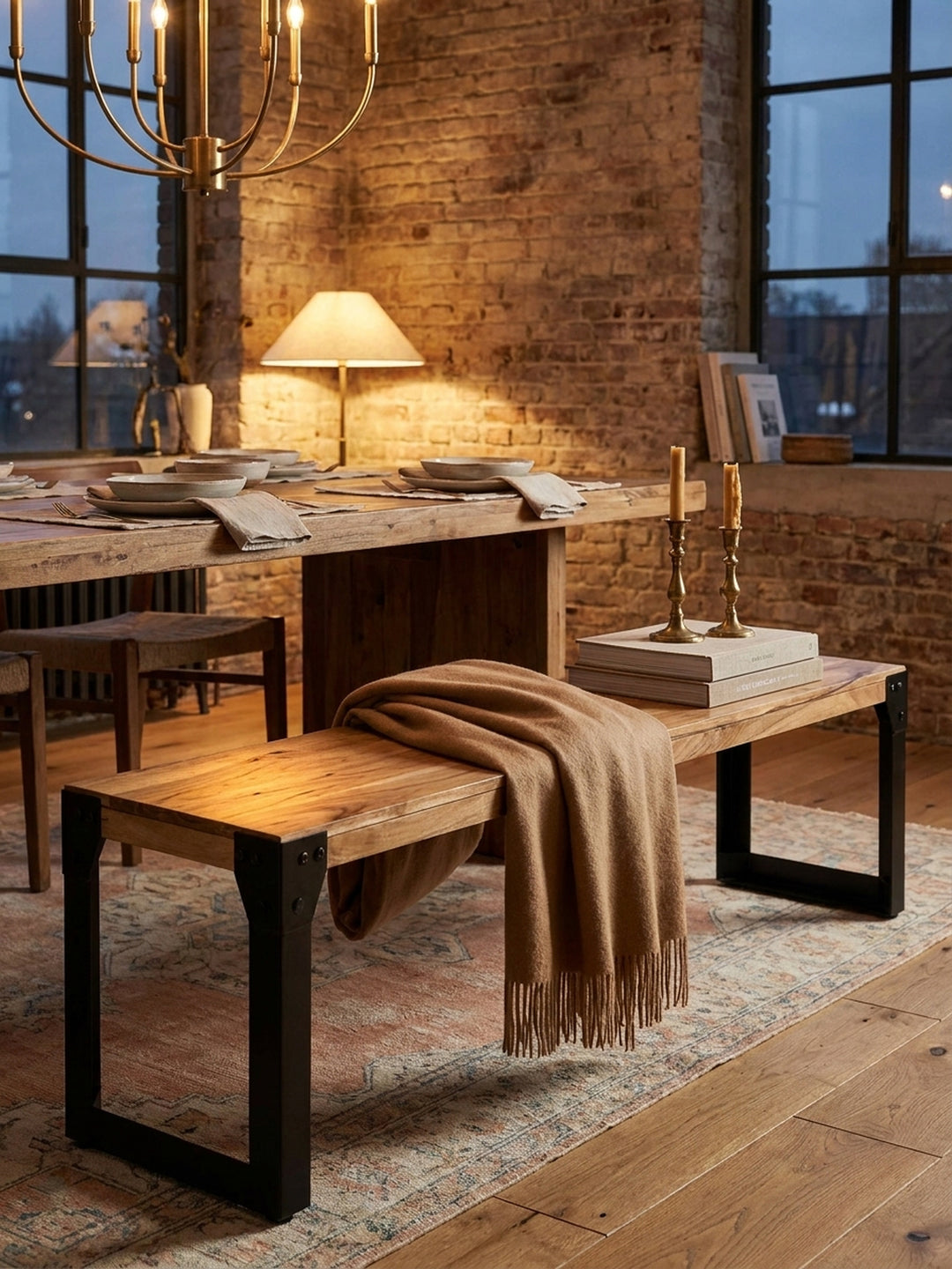 Detailansicht einer modernen Holzbank für das Esszimmer, dekoriert mit einer gelben Wolldecke, die lässig über der Sitzfläche liegt._
