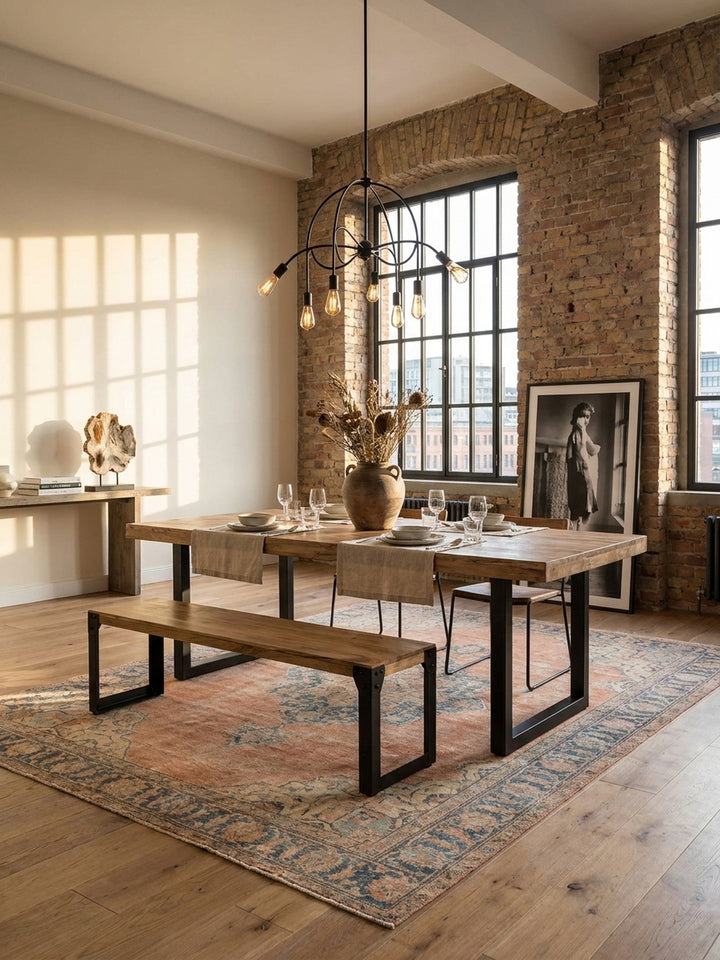 Massive Esszimmerbank aus Akazienholz mit schwarzen Metallbeinen, platziert auf einem Vintage-Teppich in einem industrial Loft-Esszimmer mit Backsteinwand._