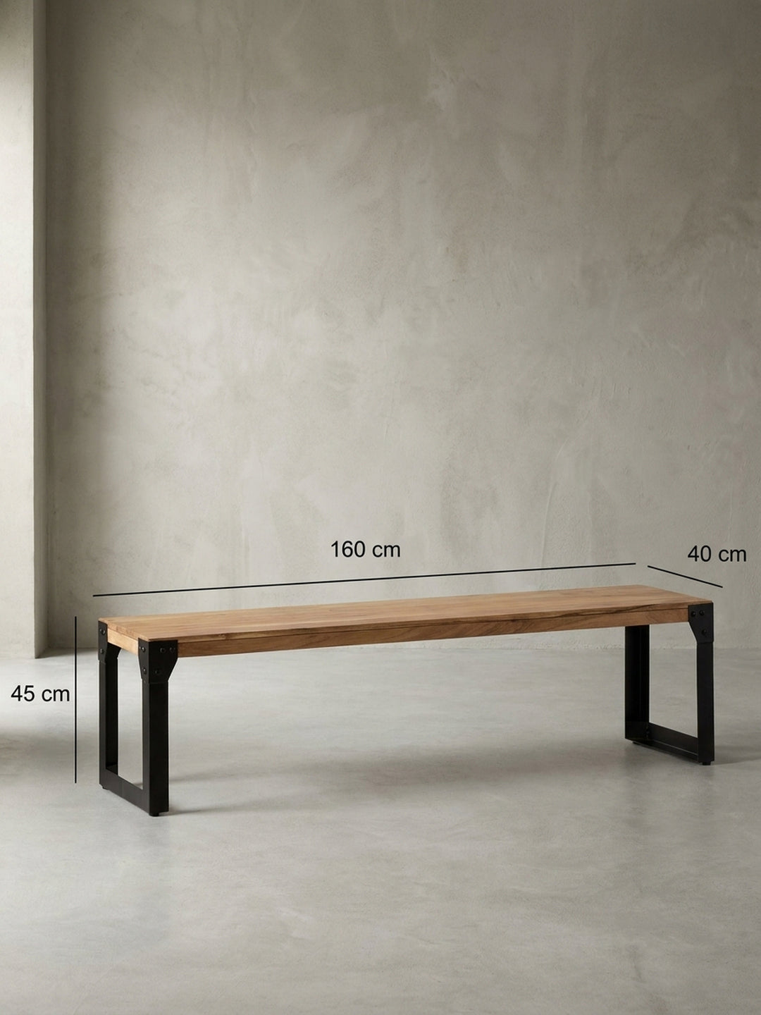 Technische Zeichnung der Esszimmerbank mit genauen Maßen: Länge 160 cm, Höhe 45 cm und Tiefe 40 cm für die perfekte Raumplanung._