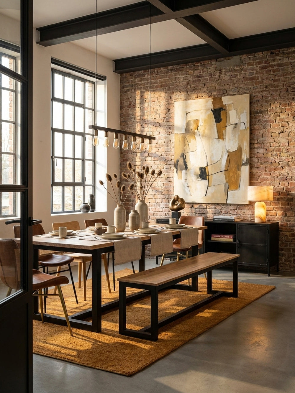 Esszimmerbank aus massivem Akazienholz mit schwarzen Metallbeinen in einem Industrial-Loft mit Backsteinwand und großem Esstisch._