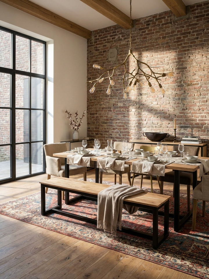 Esszimmerbank aus Akazienholz mit schwarzem Metallgestell in einem Industrial-Loft mit Backsteinwand und Holzboden, beleuchtet von warmem Nachmittagslicht._