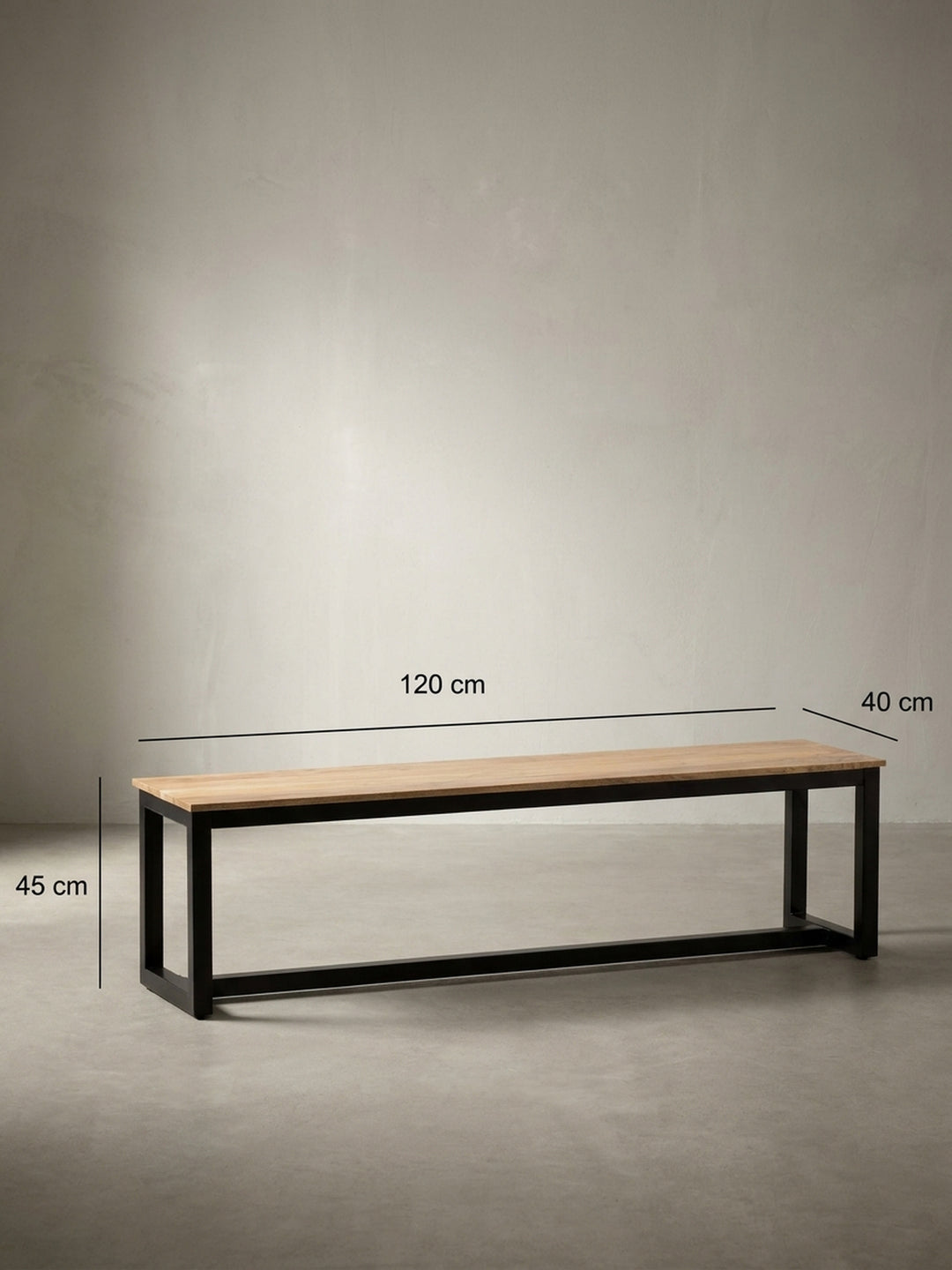 Esszimmerbank mit Bemaßung: Länge 120 cm, Tiefe 40 cm, Höhe 45 cm, zur einfachen Planung des Platzbedarfs im Essbereich._