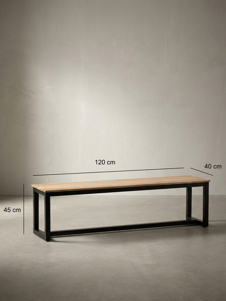 Esszimmerbank mit Bemaßung: Länge 120 cm, Tiefe 40 cm, Höhe 45 cm, zur einfachen Planung des Platzbedarfs im Essbereich._