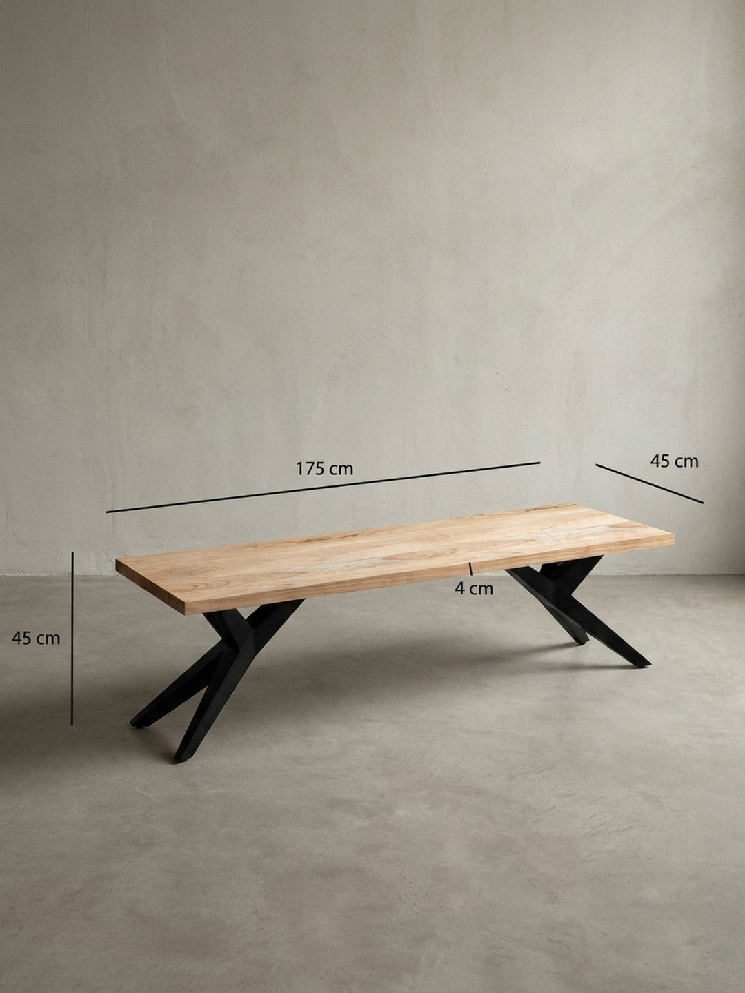 Technische Zeichnung der Esszimmerbank mit genauen Maßen: Länge 175 cm, Höhe 45 cm und Tiefe 45 cm, ideal für die Raumplanung._