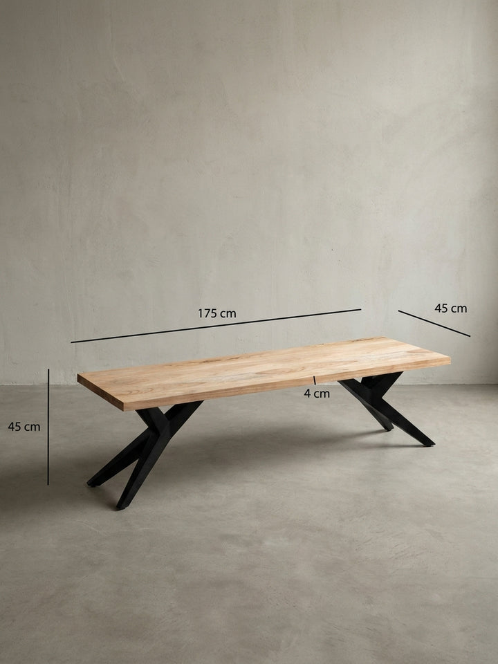 Technische Zeichnung der Esszimmerbank mit genauen Maßen: Länge 175 cm, Höhe 45 cm und Tiefe 45 cm, ideal für die Raumplanung._