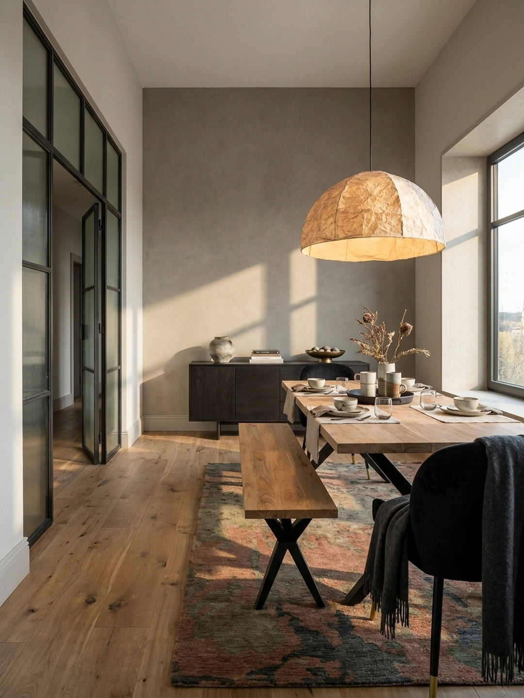 Große Esszimmerbank aus massivem Akazienholz im Industrial-Loft, kombiniert mit einem passenden Esstisch und modernen Stühlen auf Holzboden._