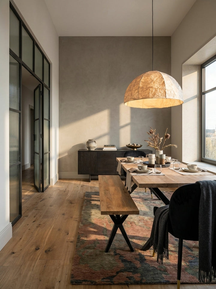 Große Esszimmerbank aus massivem Akazienholz im Industrial-Loft, kombiniert mit einem passenden Esstisch und modernen Stühlen auf Holzboden._