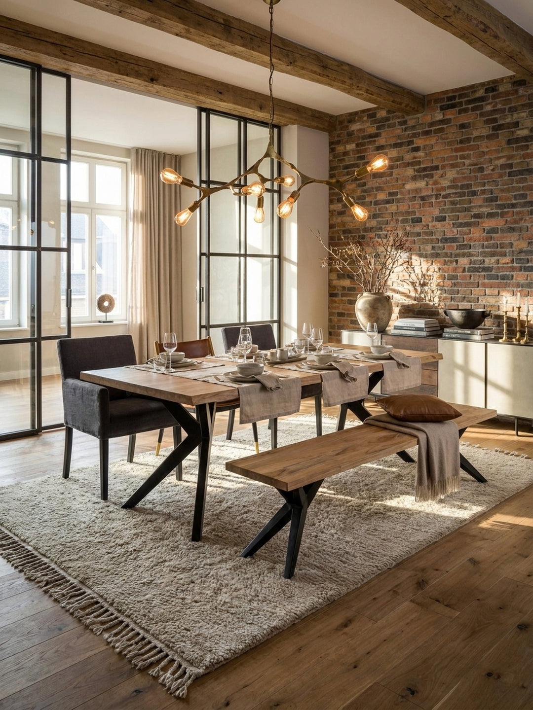 Esszimmerbank aus Akazie Massivholz mit schwarzen Metallbeinen im Industrial-Loft, passend zu einem großen Esstisch vor einer Backsteinwand._
