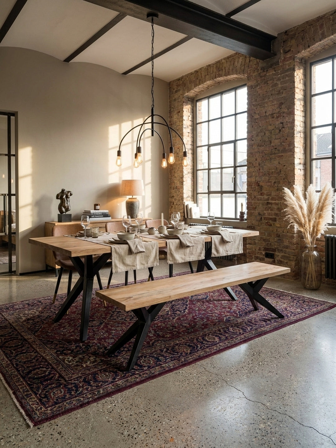 Industrielle Esszimmerbank aus massivem Akazienholz auf einem polierten Betonboden in einem geräumigen Loft mit Backsteinwand und großen Fabrikfenstern._