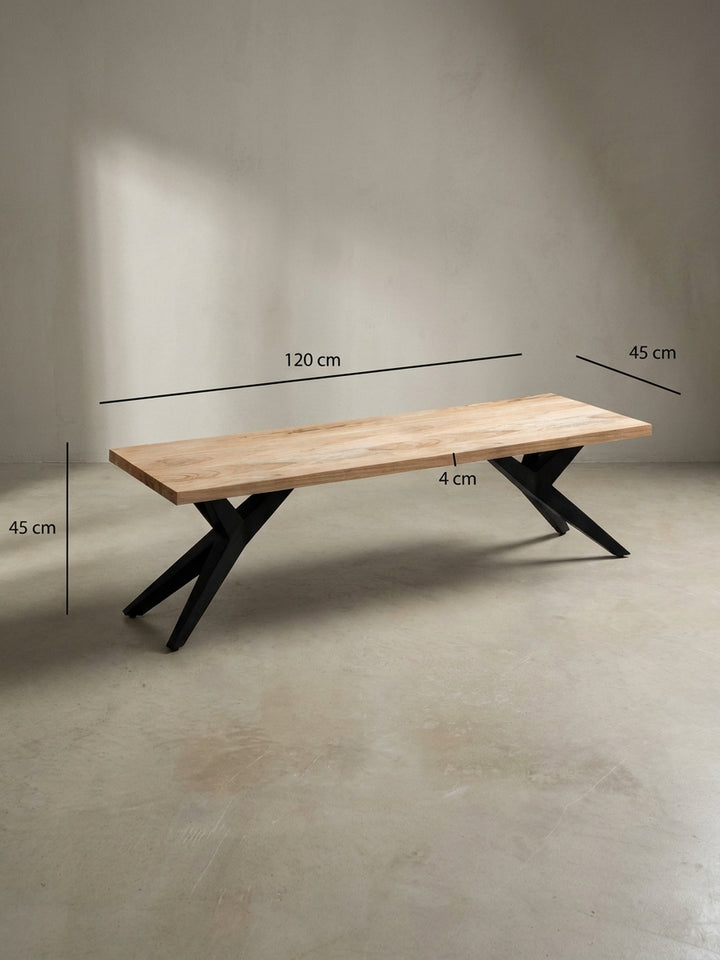 Technische Zeichnung der massiven Holzbank mit exakten Maßangaben: Länge 120 cm, Tiefe 45 cm und Höhe 45 cm, ideal für die Raumplanung._