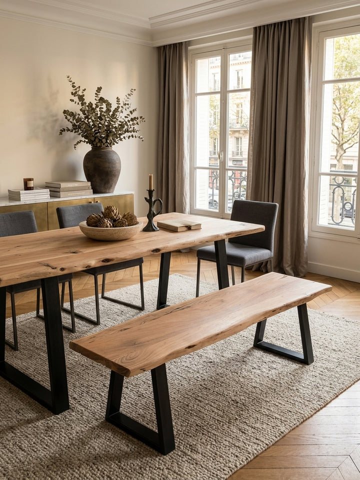 Esstisch Akazie Massivholz schwarz 160x40x45 cm in stilvoller Esszimmer-Einrichtung mit Dekoration und Accessoires aus der Vogelperspektive_