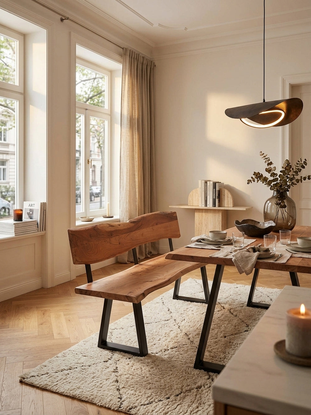 Massive Akazienholz Esszimmerbank mit natürlicher Baumkante und schwarzem Eisengestell in einem luxuriösen Esszimmer, arrangiert auf einem hellen Teppich am großen Massivholztisch._