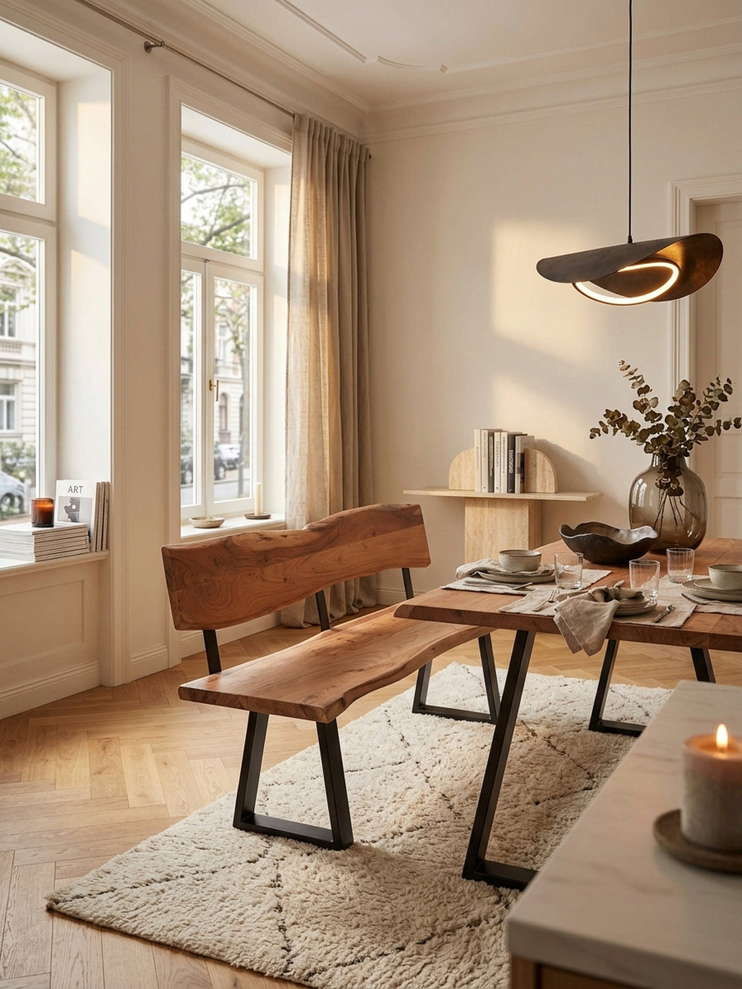 Massive Akazienholz Esszimmerbank mit natürlicher Baumkante und schwarzem Eisengestell in einem luxuriösen Esszimmer, arrangiert auf einem hellen Teppich am großen Massivholztisch._