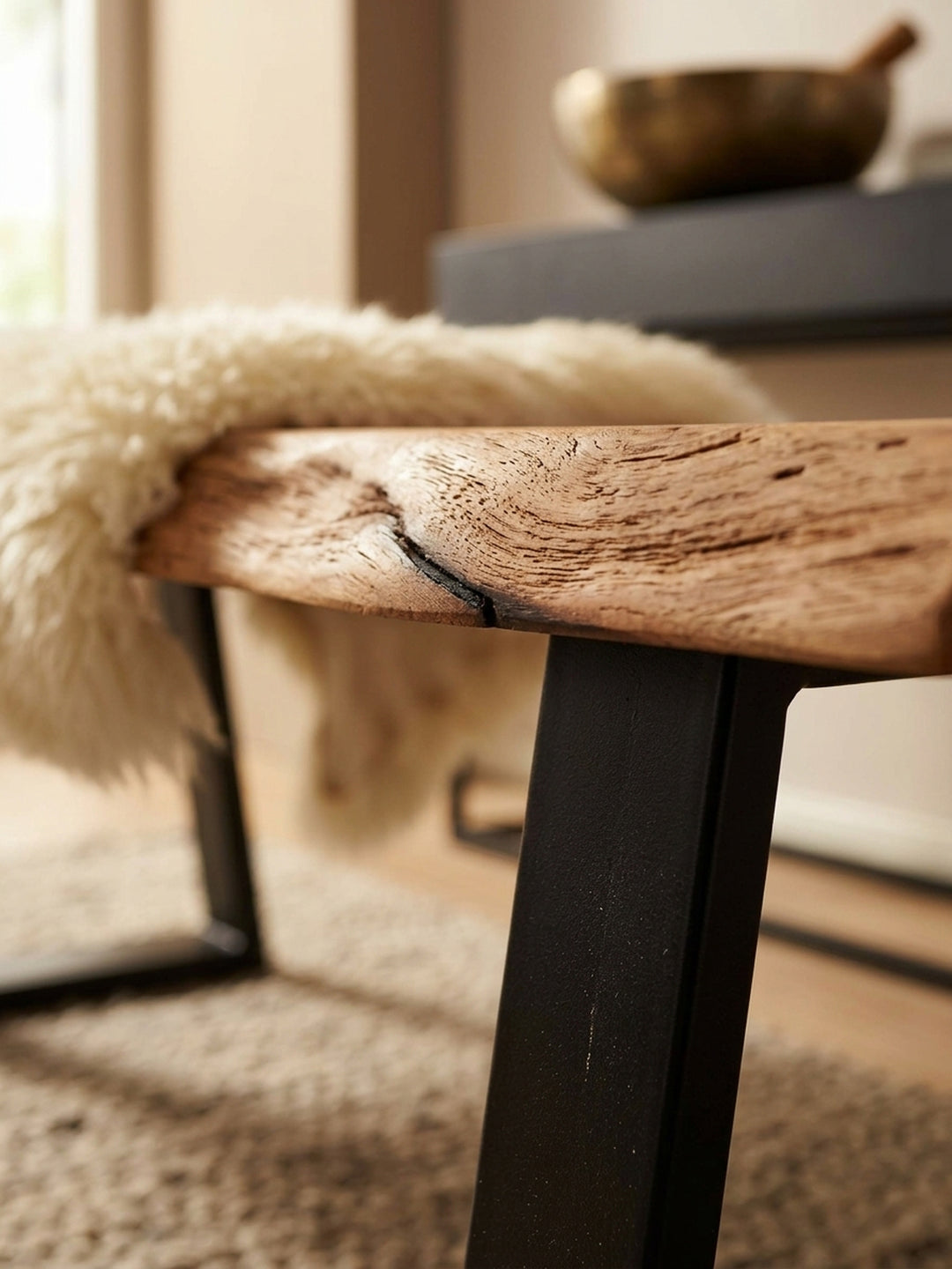 Detailaufnahme der massiven Akazie mit markanter Holzmaserung und sanfter Baumkante. Die 3,5 cm dicke Sitzfläche der Esszimmerbank zeigt höchste handwerkliche Holzqualität._