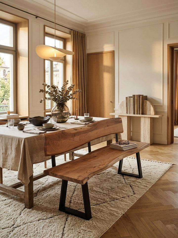 Draufsicht auf die 160x60x84 cm große Holzbank mit Lehne im Essbereich, zeigt die organische Formgebung der dicken Sitzfläche und die warme Maserung des Akazienholzes im Raumkontext._